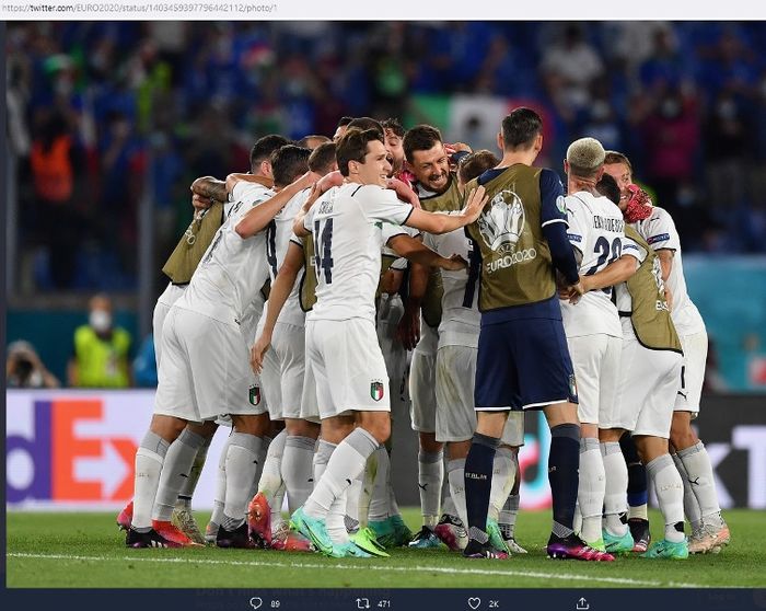 Timnas Italia merayakan kemenangan atas timnas Turki pada laga pertama Euro 2020.