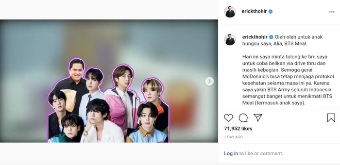 Postingan Menteri BUMN Erick Thohir tentang BTS Meal