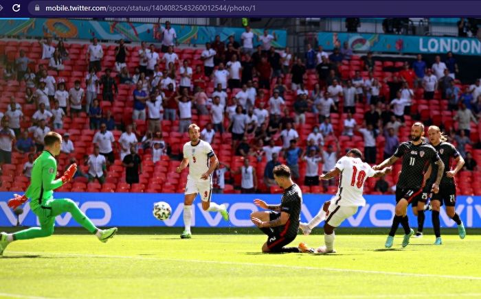 Proses gol pemain timnas Inggris, Raheem Sterling, ke gawang timnas Kroasia dalam laga pembuka grup D Euro 2020, Minggu (13/6/2021) dengan kick-off mulai pukul 02.00 WIB di Stadion Wembley.