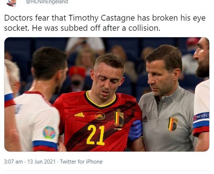 Bek kanan Belgia, Timothy Castagne mengalami cedera patah rongga mata saat laga melawan Rusia di grup B Euro 2020, Saint Petersburg Stadium, Sabtu (12/6/2021).