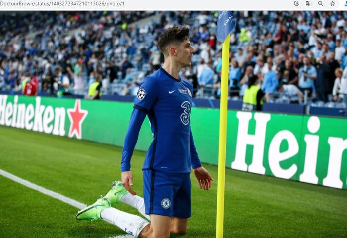 Kai Havertz melakukan selebrasi usai mencetak gol ke gawang Manchester City dalam babak final Liga Champions 2020-2021, Sabtu (29/5/2021).