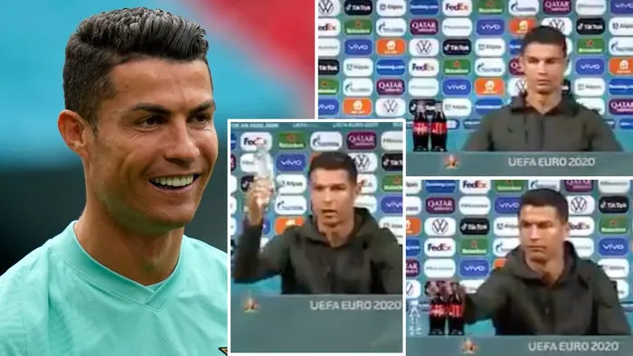 Cristiano Ronaldo terlihat kesal saat melihat dua botol Coca Cola di depannya saat konferensi pers pra pertandingan timnas Portugal di Piala Eropa 2020, Senin (14/6/2021).