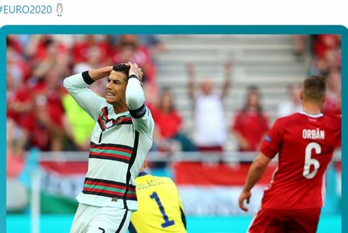 Ekspresi megabintang timnas Portugal, Cristiano Ronaldo, dalam laga Grup F EURO 2020 kontra timnas Hungaria di Stadion Puskas Arena, Selasa (15/6/2021).