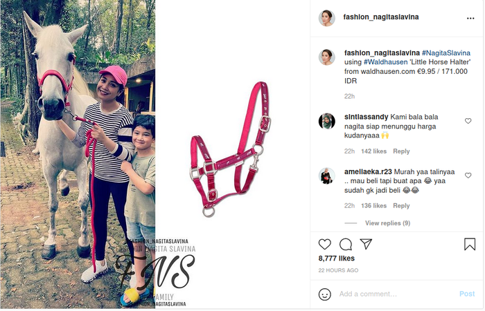 Nagita Slavina pajang foto pose bareng kuda barunya yang memakai tali pengikat ratusan ribu, netizen malah kepo dengan harga kudanya.
