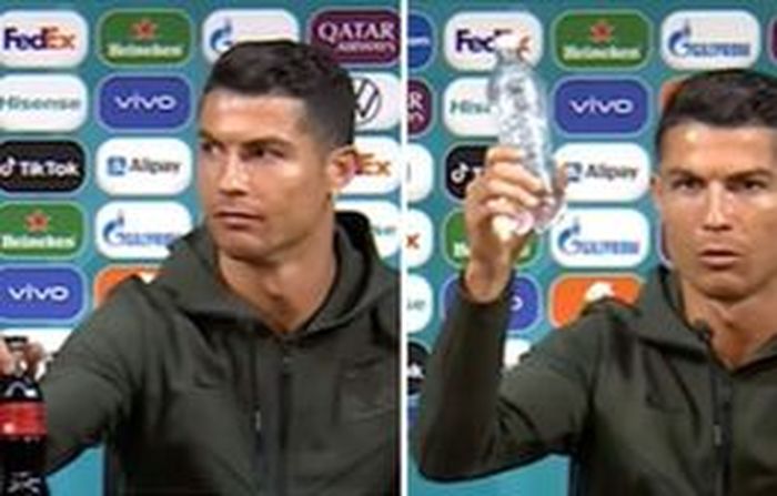 CR7 ganti botol coca cola dihadapannya dengan air putih.
