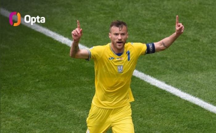 Kapten timnas Ukraina, Andriy Yarmolenko, merayakan gol ke gawang timnas Makedonia Utara dalam matchday kedua babak penyisihan Grup C EURO 2020, Kamis (17/6/2021).