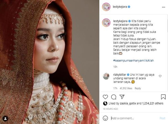 Lesti Kejora tulis pesan dan bagikan petuah di Instagram.