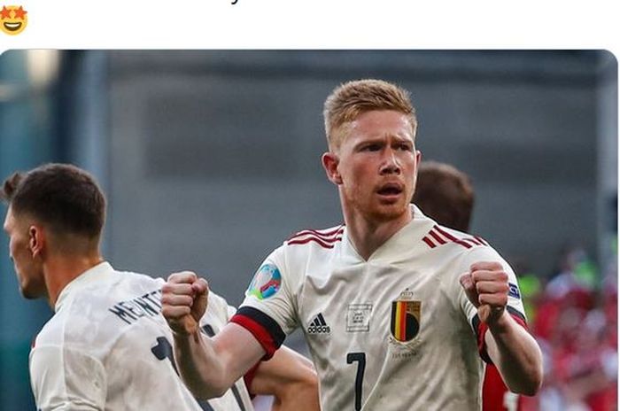 Gelandang timnas Belgia, Kevin De Bruyne, merayakan gol ke gawang timnas Denmark dalam laga Grup B EURO 2020 di Stadion Parken, Kamis (17/6/2021).