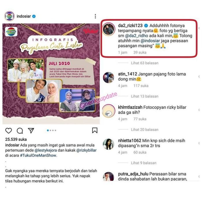 Rizki DA yang protes fotonya dengan Lesty diunggah ulang. 