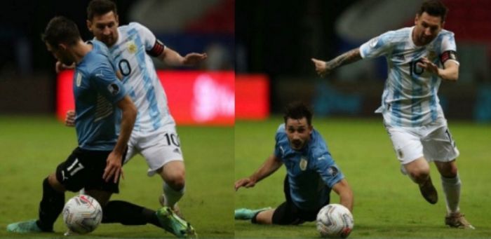 Aksi gocekan Lionel Messi dalam laga Argentina versus Uruguay di Copa America 2021.