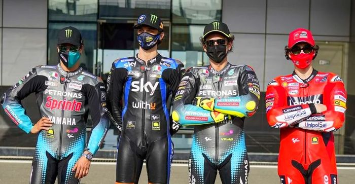 Sebagian dari wakil Italia pada kejuaraan dunia MotoGP 2021 (dari kiri ke kanan), Franco Morbidelli, Luca Marini, Valentino Rossi, dan Francesco Bagnaia.