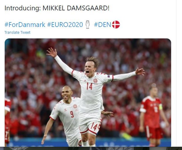Selebrasi winger Denmark, Mikkel Damsgaard usai menang 4-1 atas Rusia di laga terakhir grup B EURO 2020, Senin (21/6/2021).