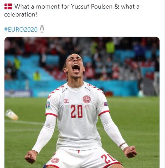 Selebrasi striker Denmark, Yussuf Poulsen usai menjebol gawang Rusia dalam laga matchday 3 EURO 2020 grup B, di Stadion Parken, Copenhagen, Senin (21/6/2021) atau Selasa dini hari WIB. 