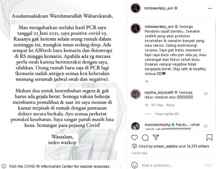 Unggahan <a href='https://manado.tribunnews.com/tag/indro-warkop' title='Indro Warkop'>Indro Warkop</a> tentang dirinya yang terinfeksi virus Corona