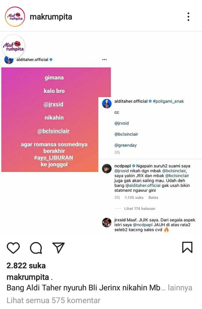 Unggahan Instagram akun gosip tentang perjodohan BCL dan <a href='https://medan.tribunnews.com/tag/jerinx-sid' title='Jerinx SID'>Jerinx SID</a> oleh <a href='https://medan.tribunnews.com/tag/aldi-taher' title='Aldi Taher'>Aldi Taher</a>.