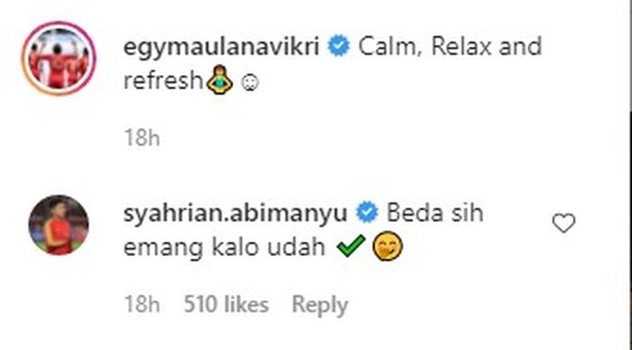 Komentar Syahrian Abimanyu pada unggahan Instagram Egy Maulana Vikri (24/6/2021). 
