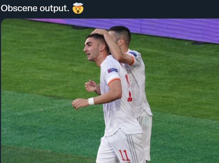 Ferran Torres merayakan gol untuk timnas Spanyol ke gawang Kroasia di laga babak 16 besar Euro 2020, 28 Juni 2021.