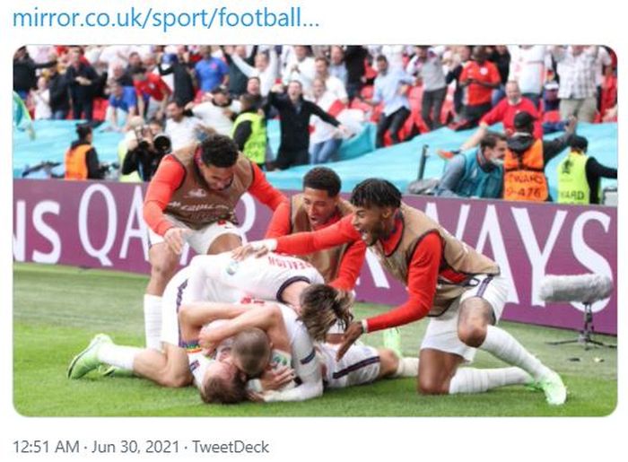 Momen pemain timnas Inggris merayakan gol yang dicetak Harry kane ke gawang timnas Jerman dalam pertandingan babak 16 besar EURO 2020.