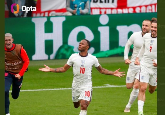 Raheem Stering mencetak gol pertama timnas Inggris ke gawang Jerman di laga babak 16 besar Euro 2020.