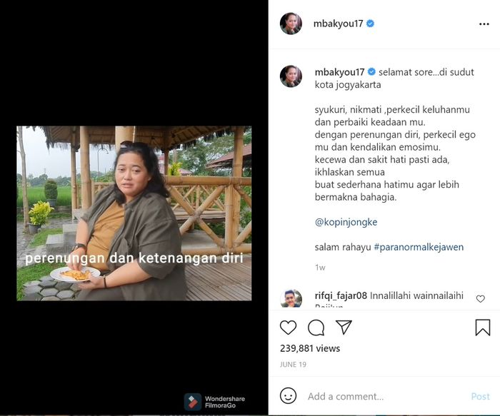 Postingan terakhir Mbak You sebelum tutup usia.
