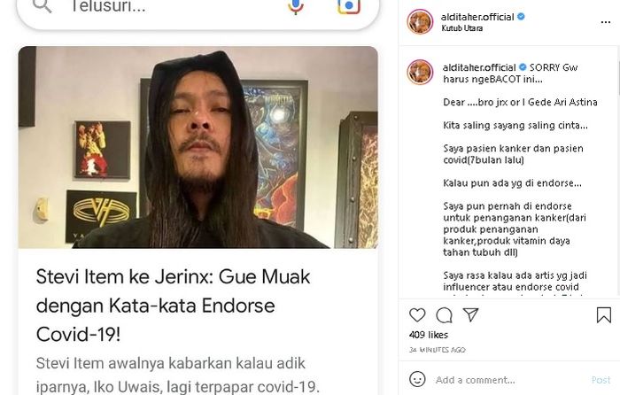 Unggahan Aldi Taher tentang Jerinx SID