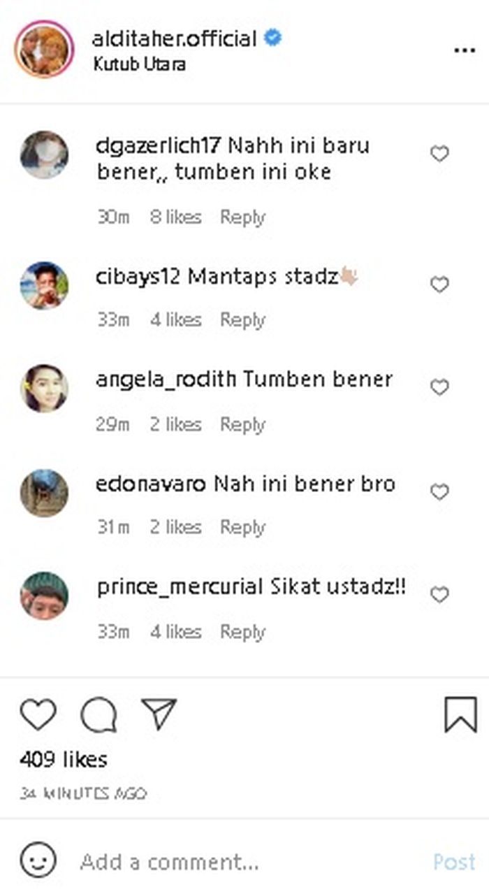 Komentar netizen tentang unggahan Aldi Taher yang menyentil Jerinx SID