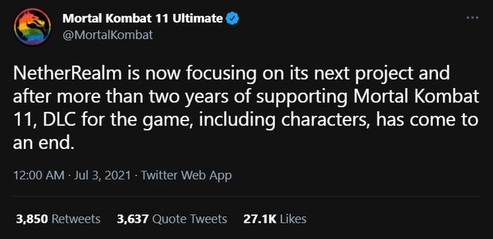 Announcement of termination of support for Mortal Kombat 11