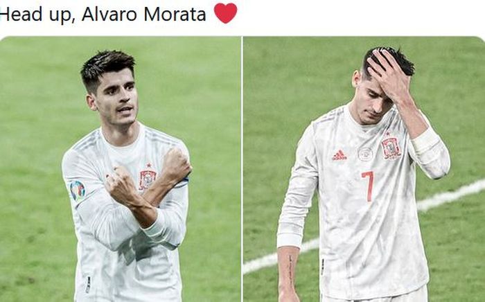 Ekspresi striker timnas Spanyol, Alvaro Morata, dalam laga semifinal EURO 2020 kontra timnas Italia di Stadion Wembley, Selasa (6/7/2021).