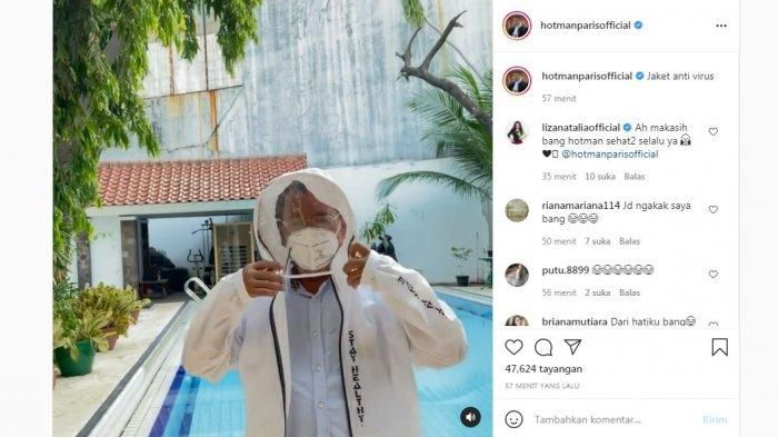 Unggahan Hotman Paris Hutapea di akun Instagram pribadinya, Selasa (6/7/2021). Hotman Paris pamer mengenakan jaket anti virus kiriman Liza Nathalia.