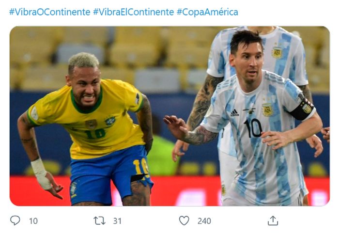 Neymar tampak kesakitan dengan celana robek saat bersaing dengan Lionel Messi dalam final Copa America 2021 Argentina versus Brasil di Stadion Maracana, Rio de Janeiro, Minggu (11/7/2021) pagi WIB.