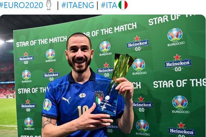 Bek timnas Italia, Leonardo Bonucci, terpilih menjadi Man of the Match usai mengalahkan timnas Inggris dalam laga final EURO 2020 di Stadion Wembley, Minggu (11/7/2021).