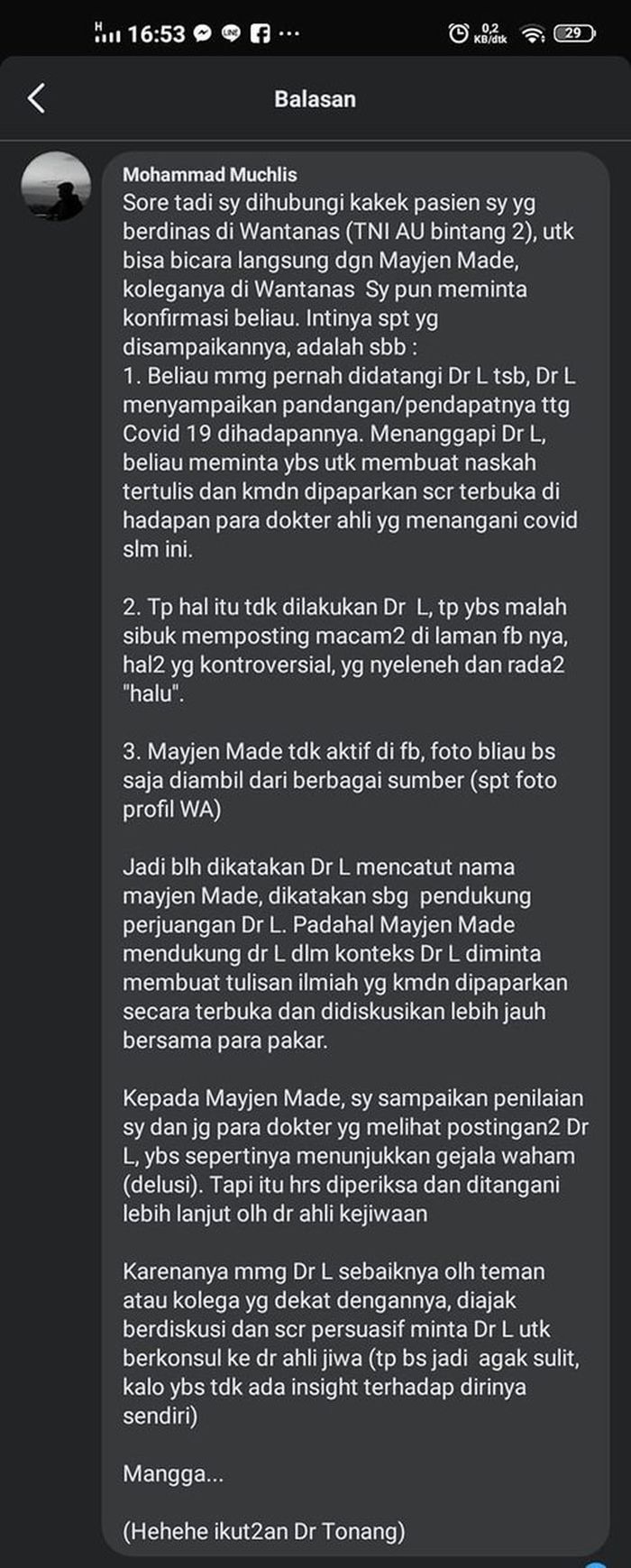 Dokter Lois mencatut nama seorang Jendral. Disebut mendukungnya padahal tidak.