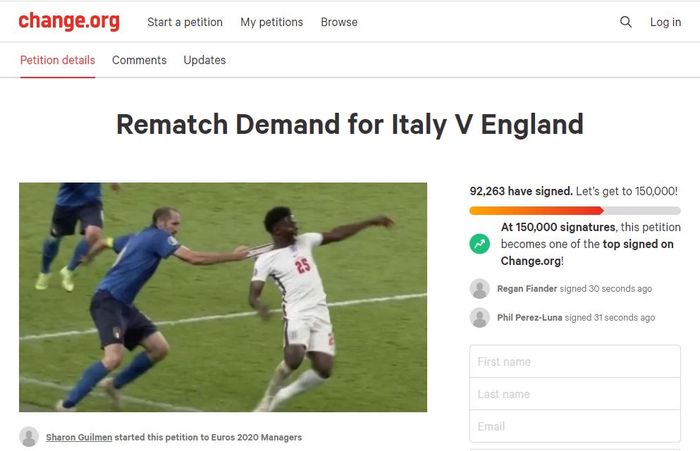 Petisi di change.org yang menuntut diulangnya partai final EURO 2020 antara timnas Italia melawan timnas Inggris.