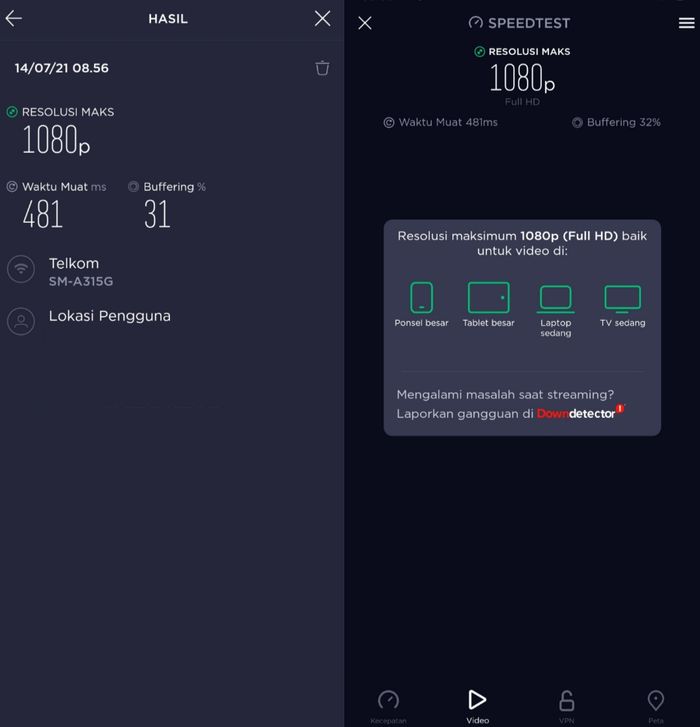 Hasil cek kualitas internet untuk streaming video di aplikasi Speedtest.
