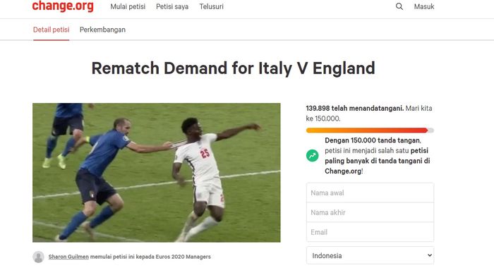 Petisi online menuntut pertandingan ulang antara timnas Italia versus timnas Inggris