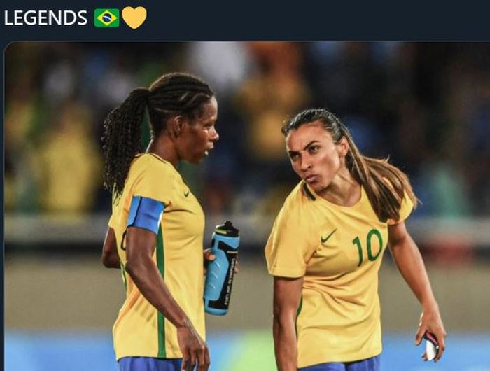 Formiga (kiri) dan Marta, dua pemain gaek andalan timnas wanita Brasil di Olimpiade 2020.