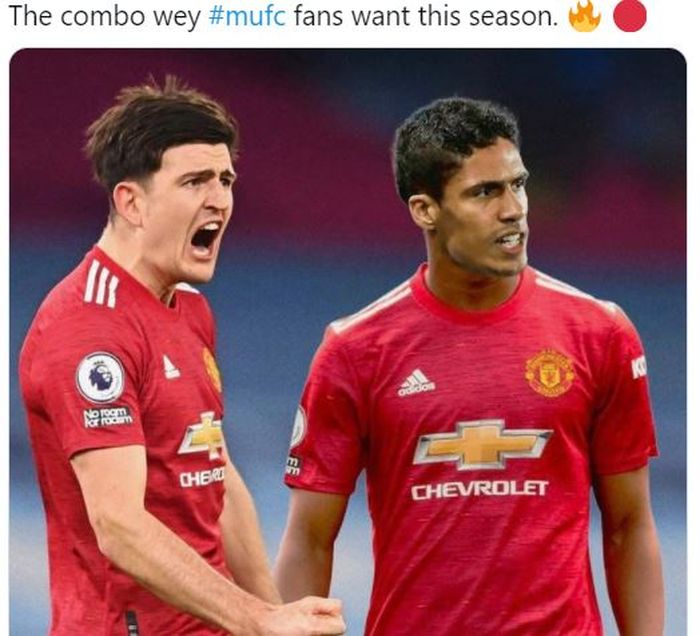 Ilustrasi Raphael Varane (kanan) dan Harry Maguire dalam seragam Manchester United.