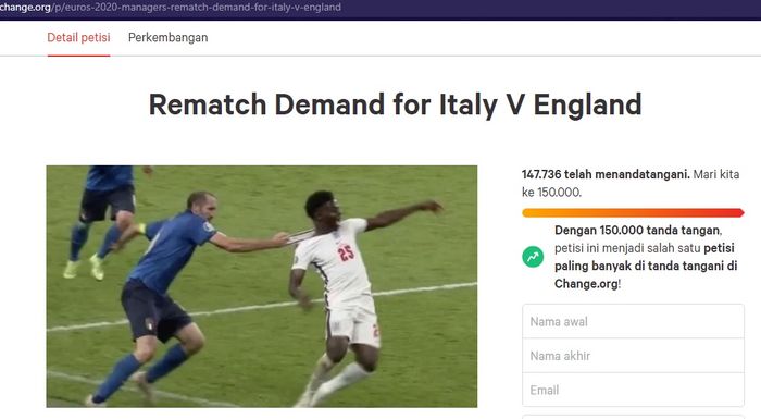 Petisi online menuntut pertandingan ulang antara timnas Italia versus timnas Inggris per Kamis (22/7/2021)