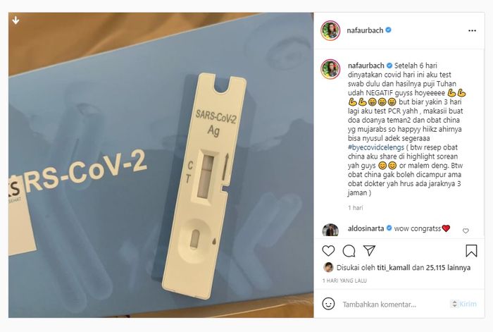 Nafa Urbach mengumumkan bahwa dia pulih dari Covid-19