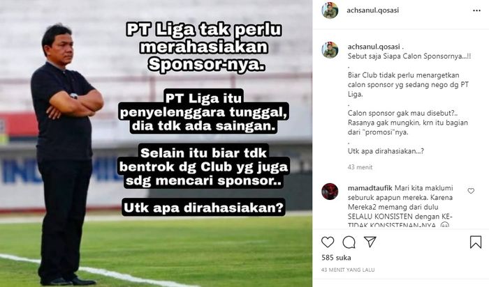 unggahan instagram presiden Madura United, Achsnul Qosasi tentang keinginannya agar PT LIB tak merahasiakan sponsor anyar Liga 1 2021, Jumat (23/7/2021).