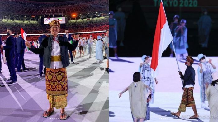 Rio Waida saat membawa bendera bendera Indonesia di Upacara Pembukaan Olimpiade Tokyo 2020