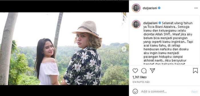 Unggahan Dul Jaelani tentang ulang tahun Tissa BianiTangkap layar Instagram @duljaelani