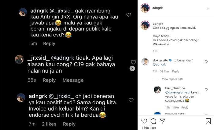 Adam Deni and JRX's Instagram comment screenshot