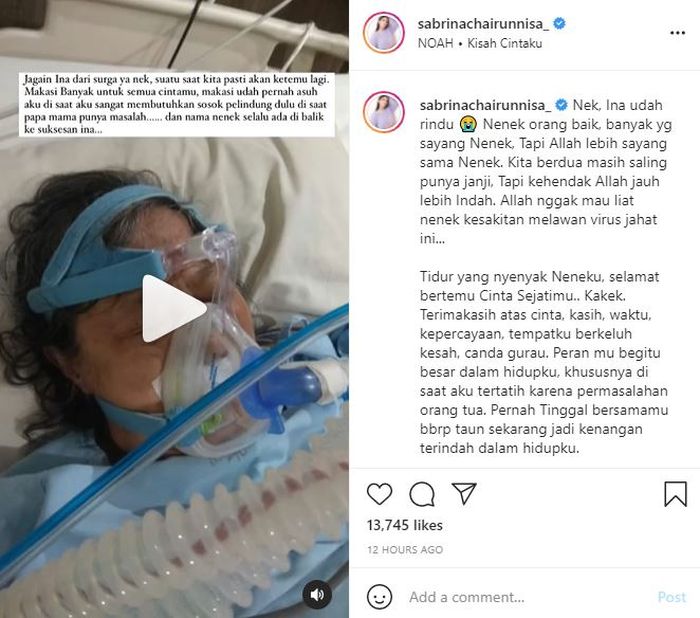 Sabrina Chairunnisa kehilangan orang yang paling berharga dalam hidupnya