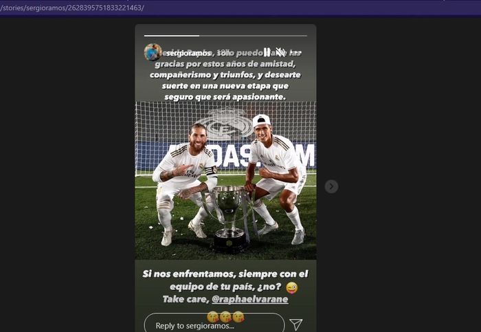 Tangkapan layar unggahan Instagram Story Sergio Ramos, Kamis (29/7/2021)
