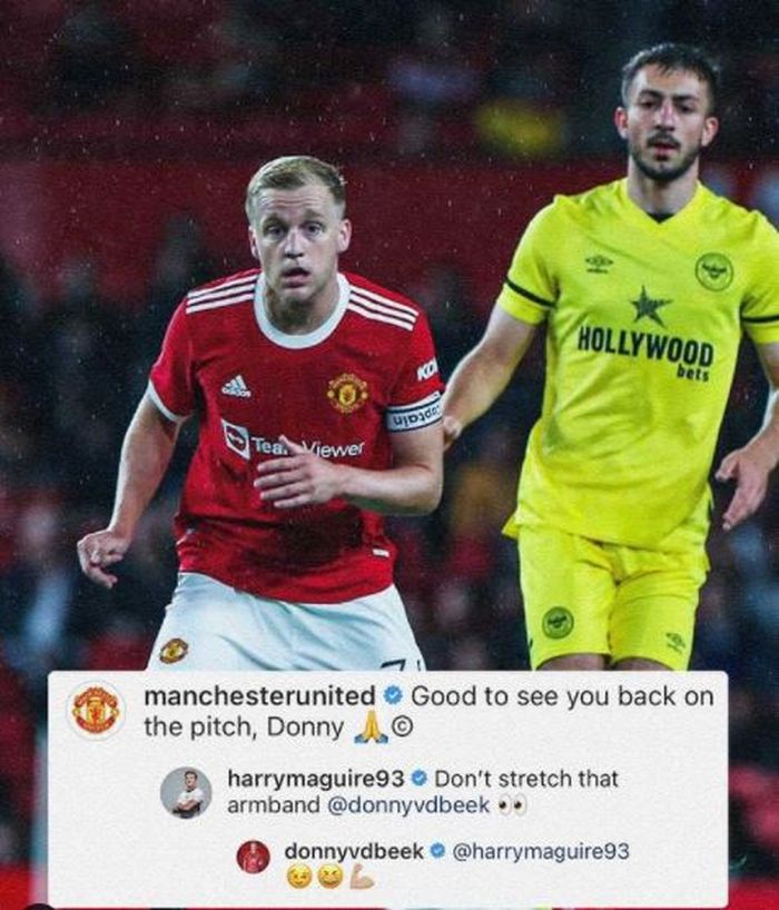 Bek Manchester United, Harry Maguire, memberikan respons terhadap ban kapten yang melekat di lengan Donny van de Beek.