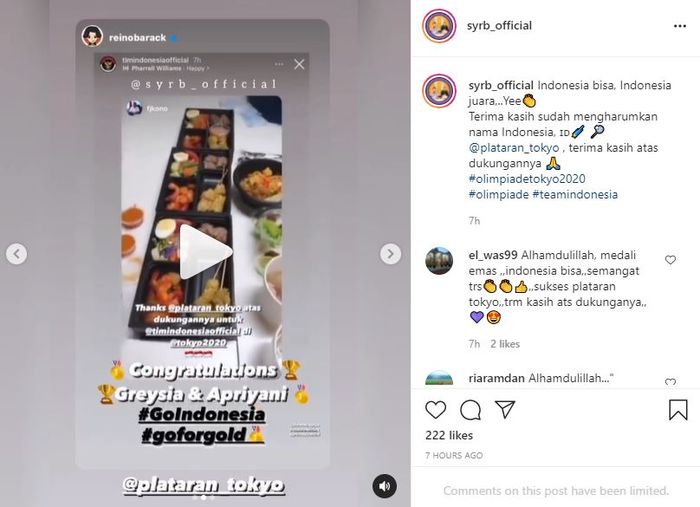 Reino Barack Kirim Makanan untuk Timnas Indonesia yang Sedang Berjuang di Olimpiade Tokyo