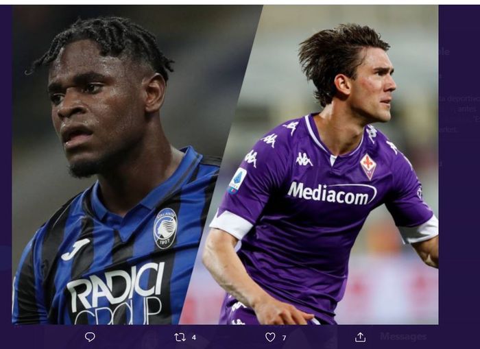 Duvan Zapata (kiri, Atalanta) dan Dusan Vlahovic (Fiorentina), digadang-gadang sebagai kandidat penerus Romelu Lukaku di Inter Milan.