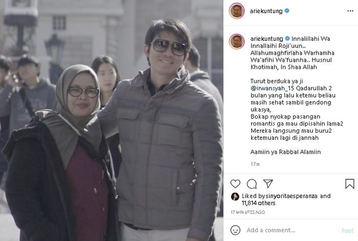 Unggahan Arie Untung tentang kabar meninggalnya ibunda Irwansyah.