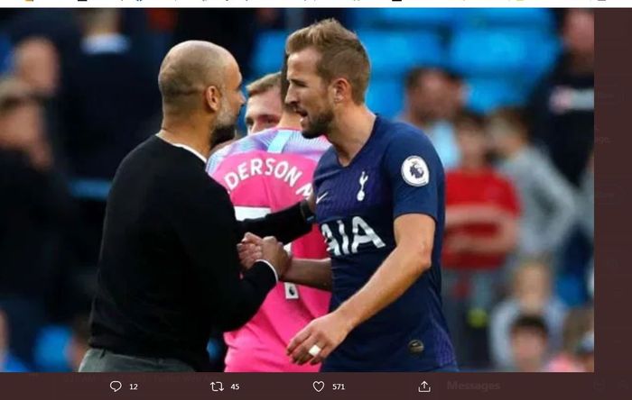 Pep Guardiola bersalaman dengan Harry Kane dalam partai Manchester City melawan Tottenham Hotspur.